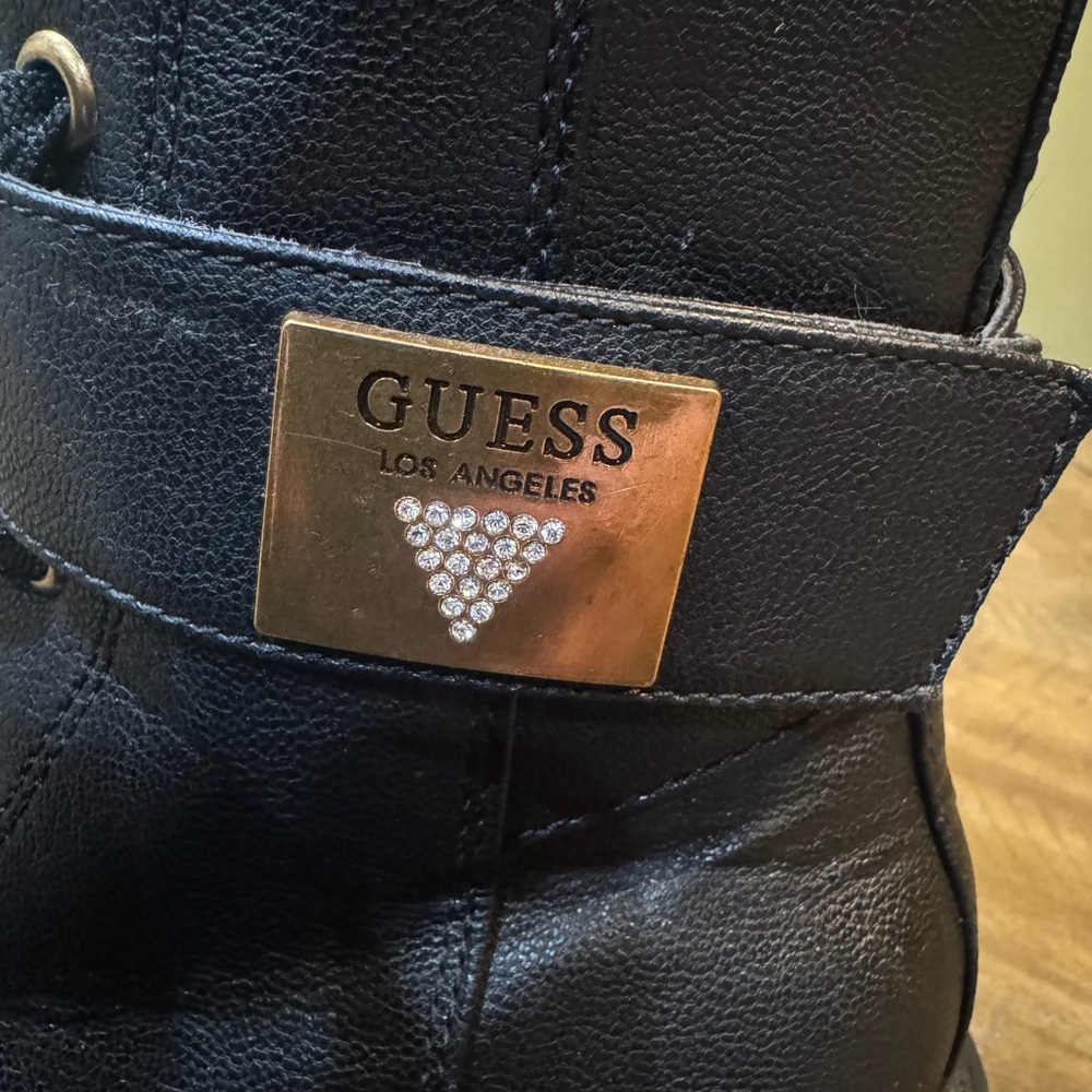 GUESS Caleena Lace Up Combat Boots With Gold Jeweled Guess Accent Strap NWOT - Picture 11 of 14